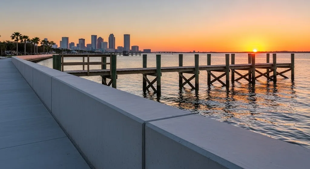 Seawall and dock at sunset with the Tampa skyline